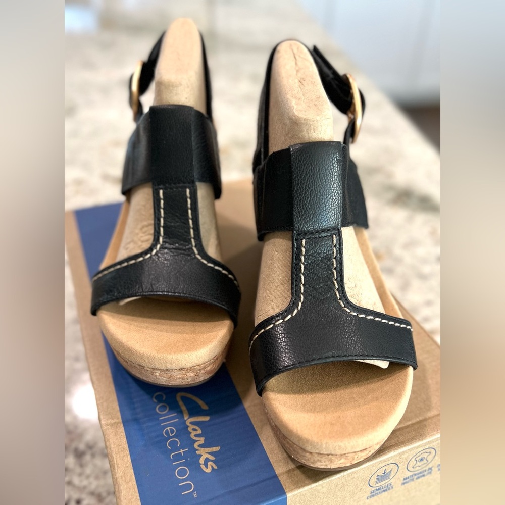 Clarks Collection Black Leather Cork Wedges "NEW" - Picture 5 of 16